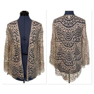 Champagne Soutache Lace Rhinestone Silk Blend Cardigan Wedding Evening Formal S